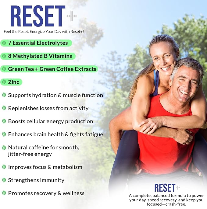 Reset+, 7 Energy Electrolytes, High Methyl B12, Methyl Folate, Pink Salt, High Magnesium, Super B Complex, Green Tea & Green Coffee Extracts, Biotin, Zinc, 72 Trace Minerals