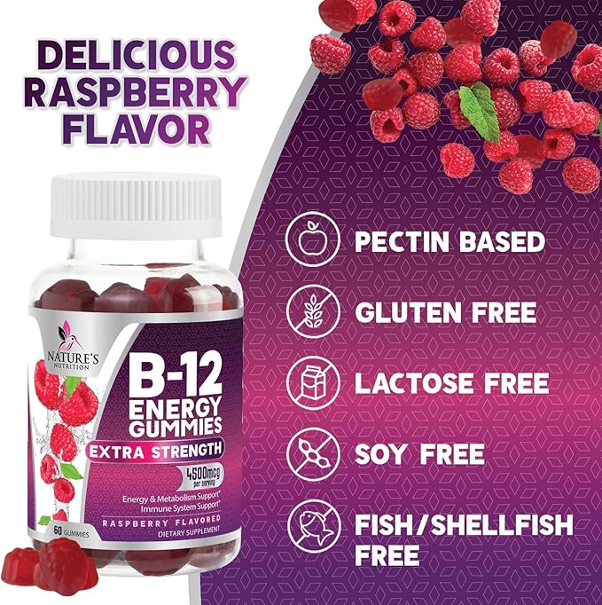 B12 Energy Gummies - 4500 mcg Vitamin B12 Per Serving - Extra Strength Chewable B12 Supplement for Energy, Metabolism & Immune Support - For Women, Men & Kids - Natural & Berry Flavored - 60 Gummies