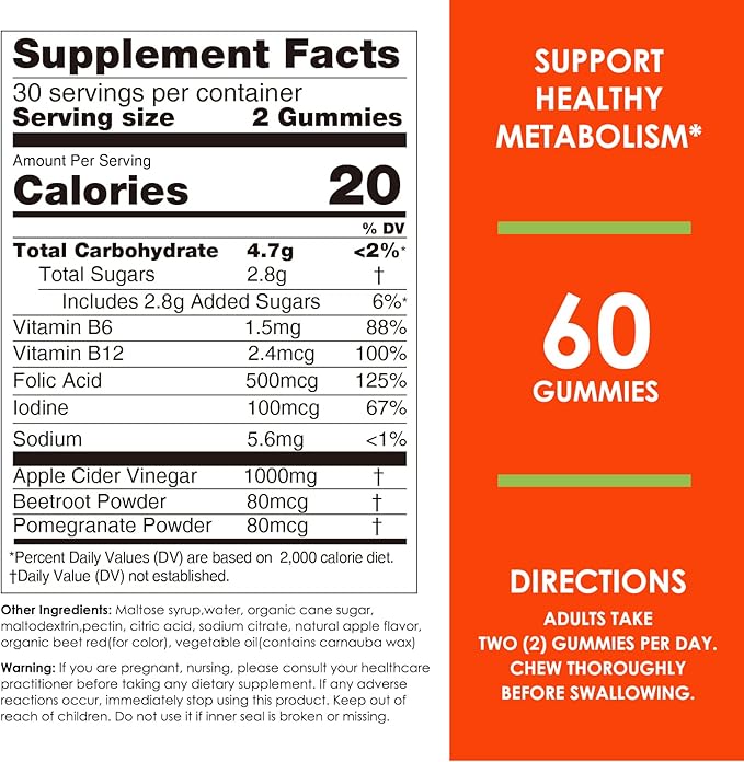 Nature's Key Apple Cider Vinegar Gummies -1000mg 60 Count, for Weight Loss, Digestion, Natural Detox & Cleanse | Vegan, Non-GMO, Gluten Free| with Folic Acid Vitamin B6 B12 Beetroot Pomegranate