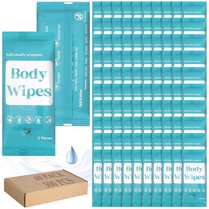 300 Pcs 60 Pack Body Wipes for Adults Bathing No Rinse Individually Wrapped Shower Wipes Washcloth with Aloe Cleansing Body Wash Cloths Disposable Bulk Deodorant Homeless(Blue Background)