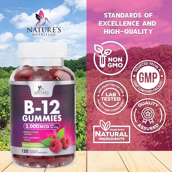 Vitamin B12 Energy Gummies - 3000 mcg per Serving Extra Strength B 12 Gummy for Metabolism & Immune System Support - Chewable Dietary B12 Supplements, Caffeine Free Gummy Vitamin - 120 Gummies
