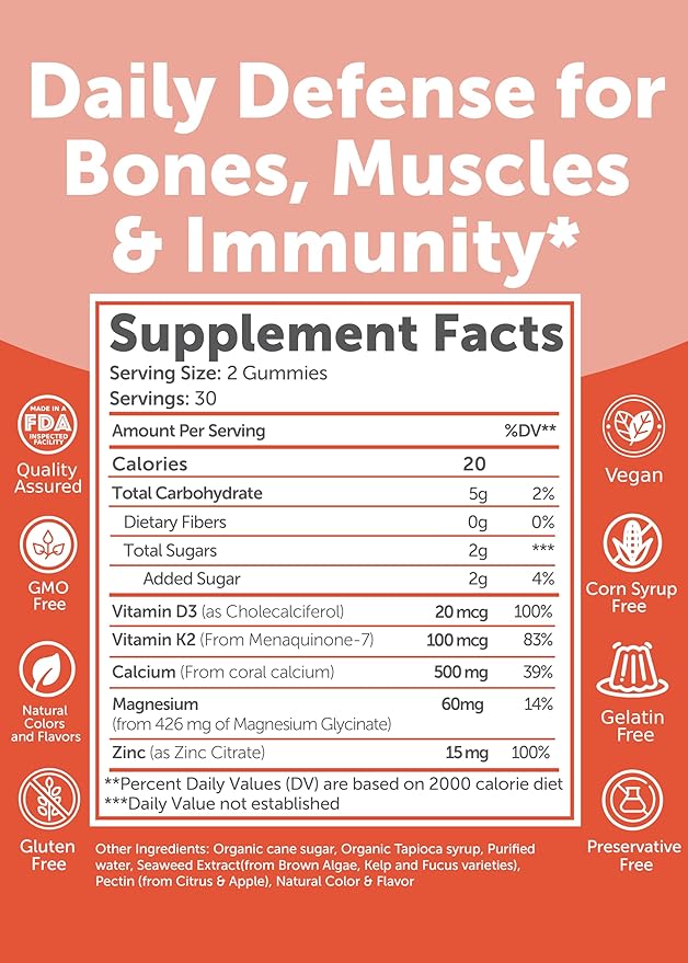 Lunakai USA Made Calcium Magnesium Zinc Gummies with Vitamin D3 & K2 – Delicious 5-in-1 Supplement for Daily Bone, Muscle & Immune Support for Women, Men & Kids, 60ct