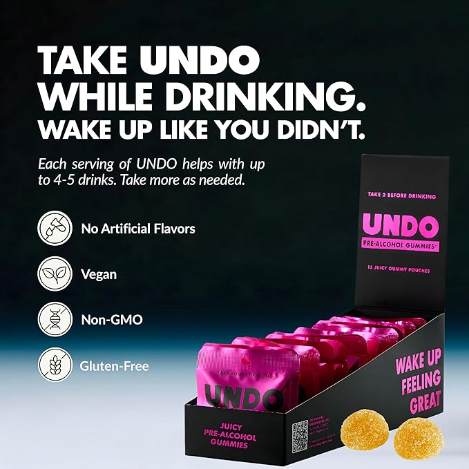 UNDO Gummies® Pre-Alcohol Gummies with DHM, Milk Thistle & Electrolytes | Scientifically-Backed Pre-Drink Supplement That Supports Liver Health & Hydration | Take While Drinking & Wake Up Feeling Great | 15 Servings