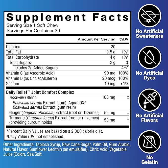 Force Factor Daily Relief Joint Support, Drug-Free Joint Formula with Boswellia, Turmeric, Ginger, Vitamin C and D for Mobility, Flexibility, and Cartilage Health, Tropical Berry, 30 Soft Chews