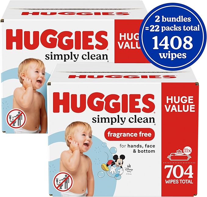 Huggies Simply Clean Unscented Baby Diaper Wipes, Flip-Top Packs (704 Wipes Total), Packaging May Vary (Pack of 22)