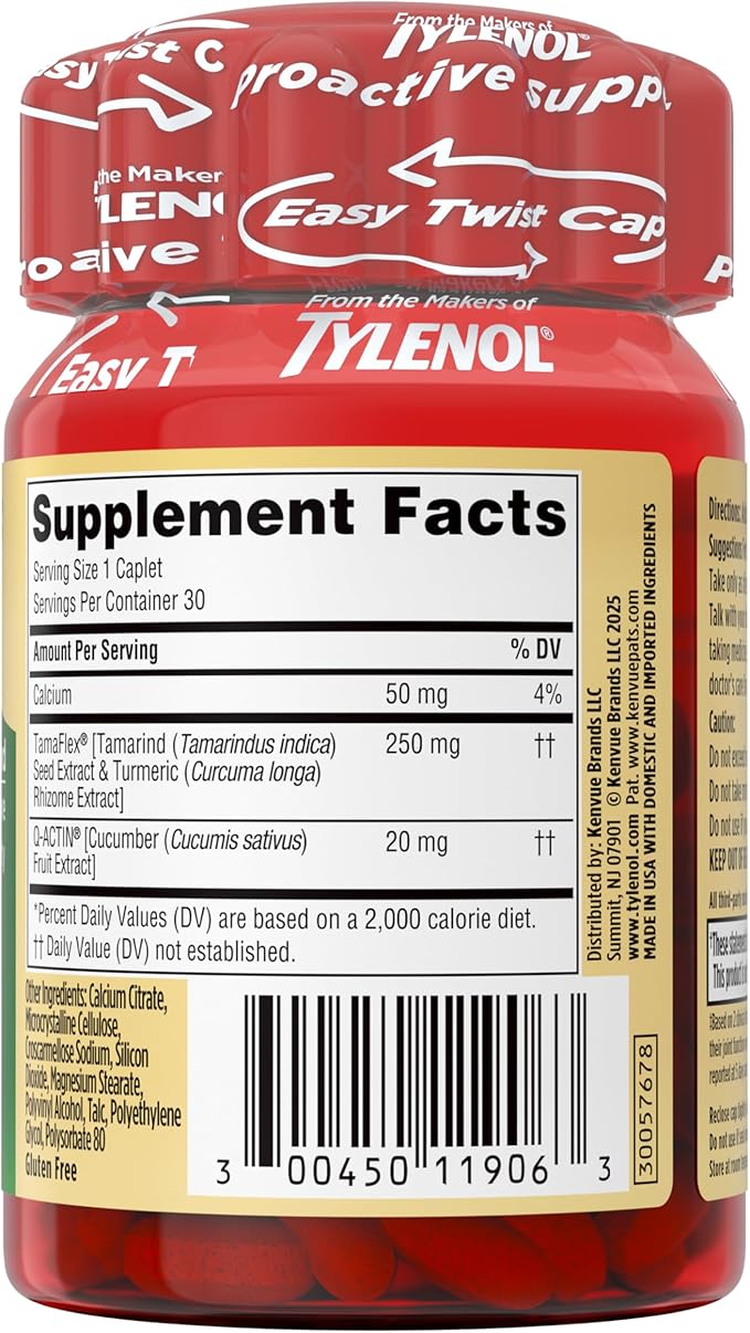 Tylenol Proactive Support* Muscle & Joint Supplement, Drug-Free Daily Turmeric Supplement + Tamarind + Cucumber Extract, Improves Joint Comfort & Flexibility in 5 Days*, 30 ct