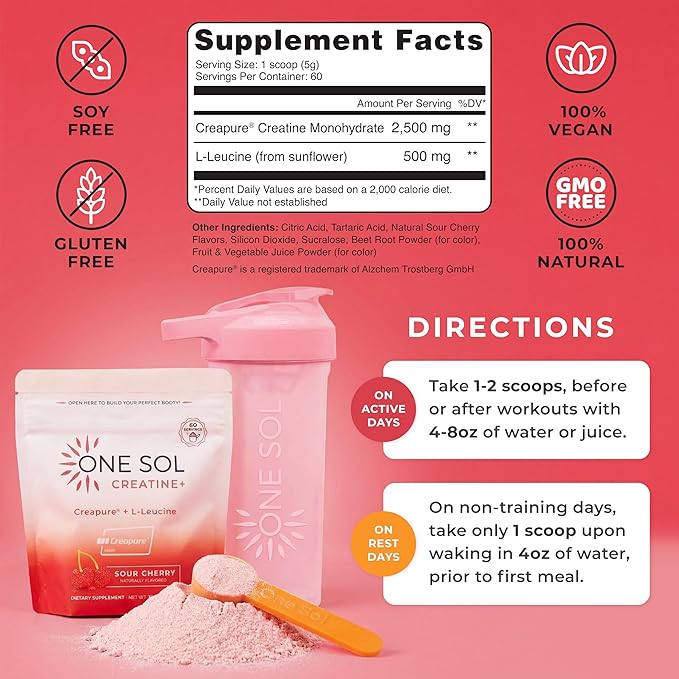 One Sol Creatine for Women, All Natural Women’s Creatine Powder w Creapure & Leucine, Increase Lean Muscle Mass, Reduce Recovery Time, Promotes Brain & Bone Health (Sour Cherry, 60 Servings)