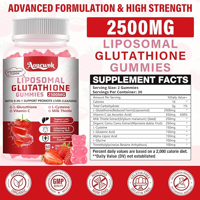 1 Pack 2500MG Liposomal Glutathione Gummies Supplement - Support Skin & Liver Function, 98% Bioavailability, with L-Glutathione & Milk Thistle to Support Antioxidant & Enhance Immunity