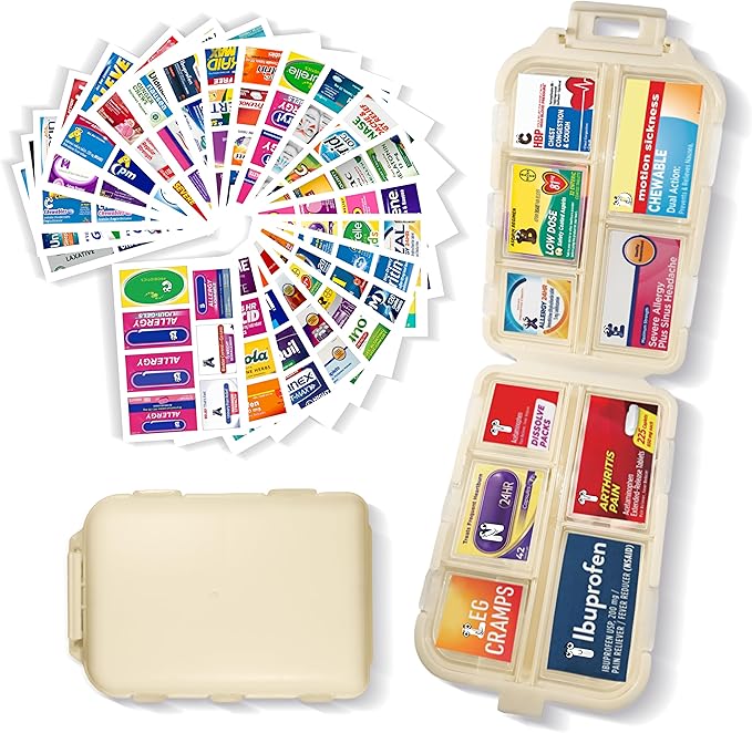 Pill Organizer with Medicine Labels 161 Labels Travel Daily Pill Container Mini Medication Organizer Storage Pill Organizer Travel Essentials Pill Case 7 Day (Beige, 1 Pack)