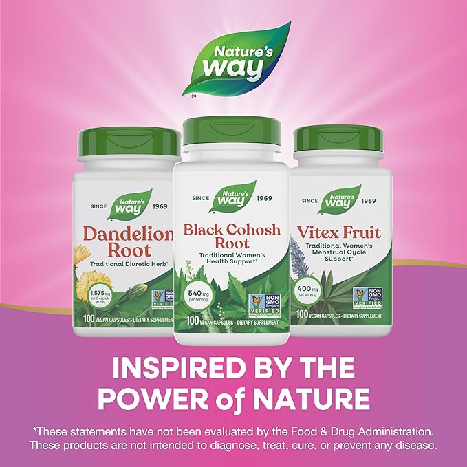 Nature's Way Black Cohosh Root, Traditional Support for Women's Health*, 540 mg per Serving, Non-GMO Project Verified, 100 Capsules (Packaging May Vary)
