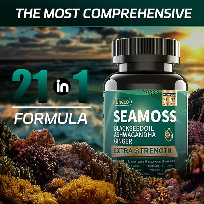 Superfood Advanced Irish Sea Moss Capsules - Sea Moss 21 in 1 Supplement Whit Black Seed, Ashwagandha, Turmeric, Bladderwrack, Burdock - 90 Count