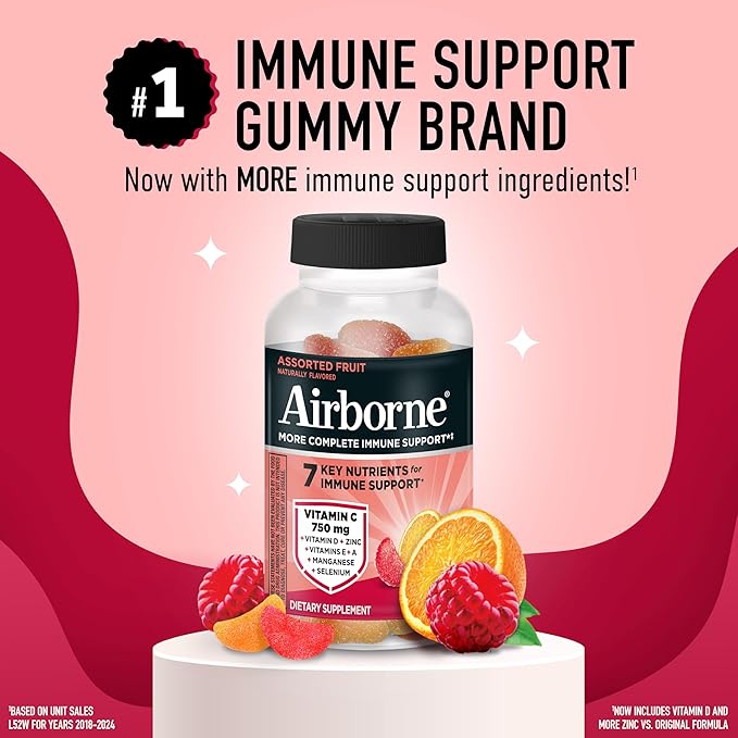Vitamin C 750mg (per Serving) - Airborne Assorted Fruit Flavored Gummies (63 Count in a Bottle), Gluten-Free Immune Support Supplement with Vitamins A C E, Selenium, Echinacea & Ginger