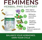 FEMIMENS – PMS Support Supplement for Women – PMS Relief for Women & Menstrual Cramp Relief – Hormonal Balance for Women – Chasteberry Vitex, Ashwagandha, Ginger, Fenugreek – 120 Vegan Capsules