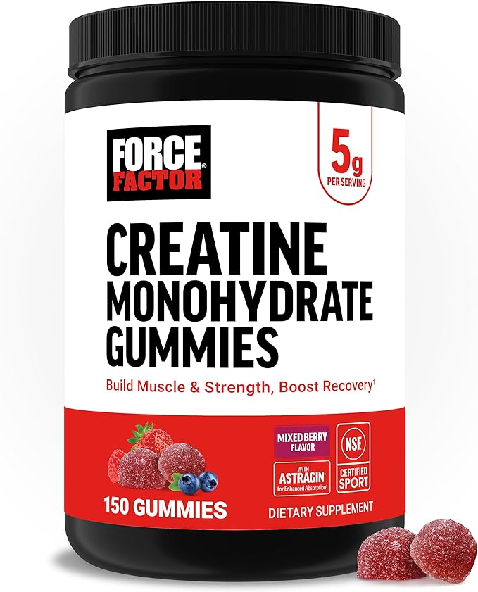 Force Factor Creatine Monohydrate Gummies, NSF Certified, 5g Dose for Men & Women to Support Muscle, Strength, Recovery, Cognitive Health & Memory, Mixed Berry, 150 Gummies