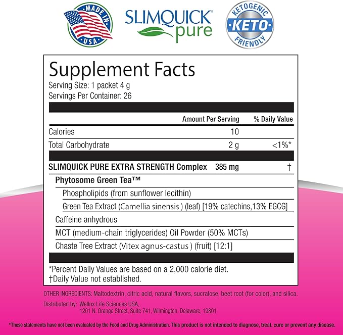 SlimQuick Pure 3X Extra Strength Drink Mix Packets, Metabolism & Weight Management for Women, Helps in Fat Breakdown, with Green Tea, Caffeine, Chaste Tree, Rhodiola Extract - Pink Lemonade, 26 Count