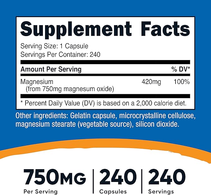 Nutricost Magnesium Oxide 750mg, 240 Capsules (3 Bottles)