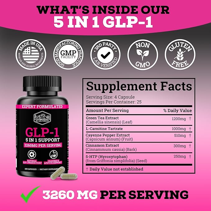 GLP-1 Supplement Support (GLP-1 Supplement Women) GLP Activate with GLP-1 Probiotic & Green Tea Extract (5 in 1 GLP-1 Booster) 3260mg Per Serving (1 Month Supply) For Metabolism Support