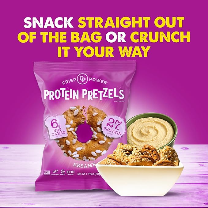 CRISP POWER Protein Pretzels, Variety Pack With Sea Salt, Sesame, & Everything, Up To 28G Protein, High Protein Snack, High Fiber, Low Carb Crunchy Pretzel Snacks, No Added Sugar, 1.75 oz Bags, 6 Pack, Vegan, Keto
