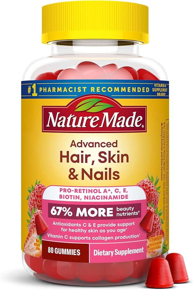 Nature Made Advanced Hair Skin and Nails Gummies, Biotin, Pro Retinol A, Niacinamide, Vitamin C & Vitamin E, 80 Gummies, 40 Day Supply