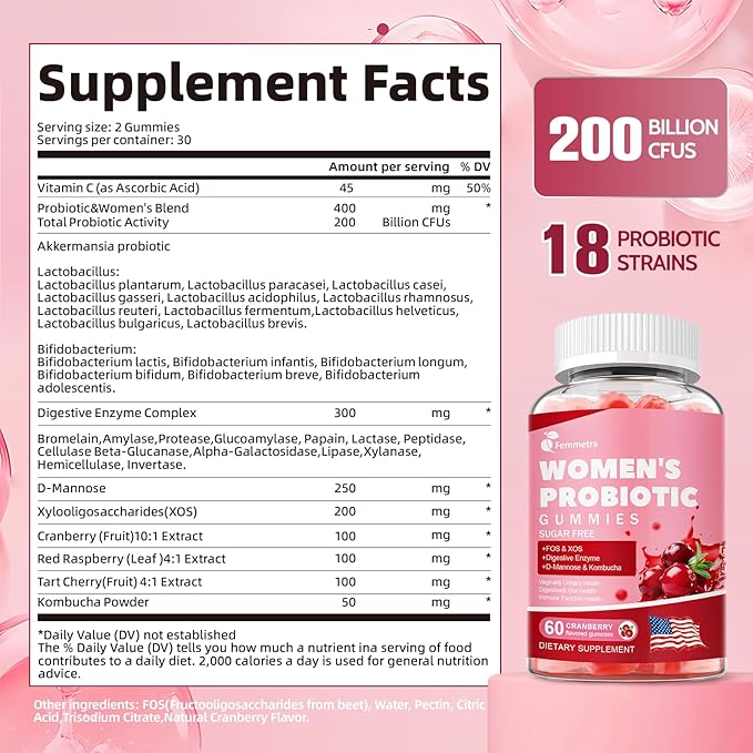 Probiotics for Women 50+, 200 Billion CFU Vaginal Probiotics Gummies with D-Mannose & Cranberry, Sugar-Free Cranberry Flavor for pH Balance, Urinary & Gut Health, 60 Count