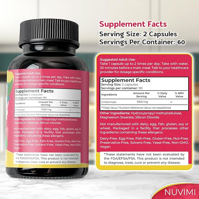 D Mannose 180 Capsules - 1000 mg per Dose - Dietary Supplement Helps Promote Urinary Tract Health - Natural Vegan UTI Defense