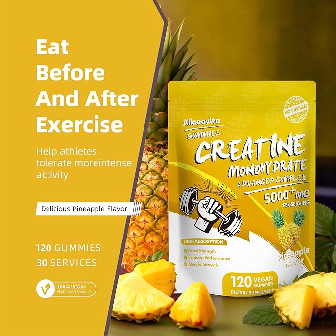 NSF Certified Creatine Gummy - Creatine Monohydrate Gummies 5000mg for Men & Women -120 Gummies Advanced Formula, Muscle Strength, Muscle Builder, Energy Boost, Pre-Workout Supplement-Pineapple