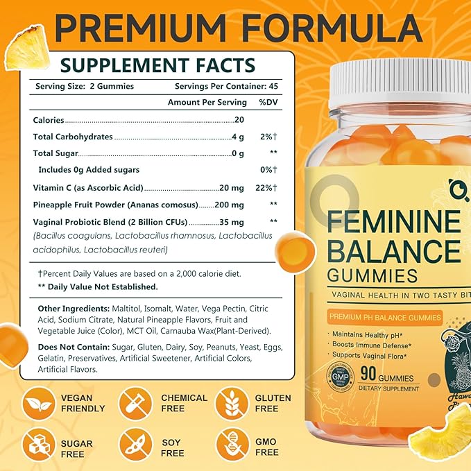 Feminine Balance Gummies, Probiotics Gummies for Women - pH Balance, Odor Control, Vaginal Flora & Digestive Health - Vaginal Probiotic with Vitamin C for Immune, Hawaiian Pineapple Flavor, 90 Gummies