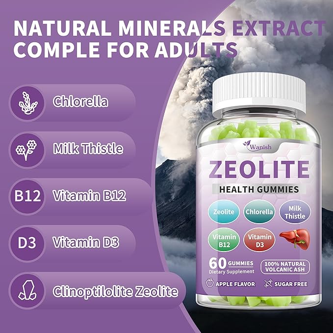 Wanish (2 Packs) Zeolite Gummies for Adults - Zeolite Clinoptilolite, Chlorella, Milk Thistle & Vitamins- Supports Immune Health, Gut and Liver, Vegan, Non-GMO, Sugar Free, Apple Flavor, 120 Count