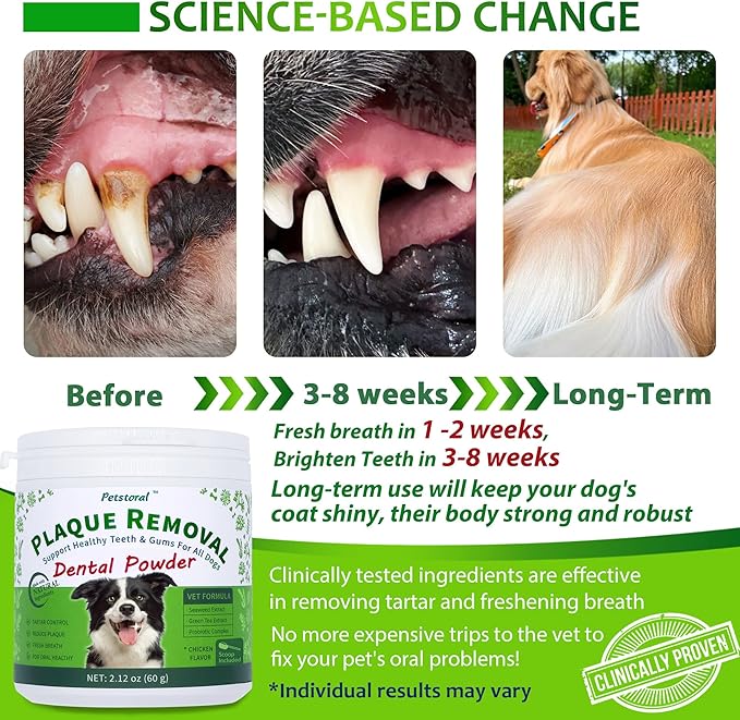 Natural Dog Dental & Supplement Powder, Plaque & Tartar Control with Glucosamine, Omega-3, Probiotics & Vitamin E for Joint, Chicken Flavour, Digestion & Fresh Breath
