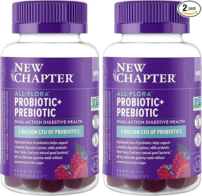 New Chapter Probiotic Gummies for Women and Men,All-Flora (1 Month Supply) – 55% Less Sugar+,Formulated for Holistic Gut Health Support with Probiotics+Prebiotic Fiber+100% Vegan+Non-GMO,(Pack of 2)