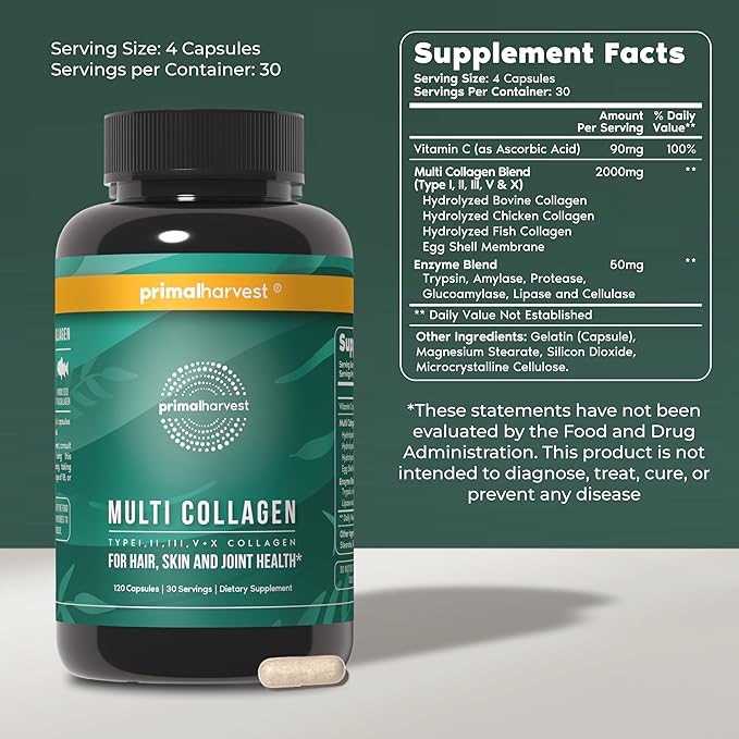 Primal Harvest 2 Pack, Multi Collagen Pills for Women and Men (Type I, II, III, V, X) Collagen Supplements for Women and Men, 120 Capsules w/Vitamin C for Hair, Skin, Nails Collagen Peptides Pills