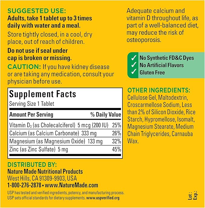Nature Made Calcium Magnesium Zinc with Vitamin D3, Dietary Calcium Supplement for Bone Support, 300 Tablets