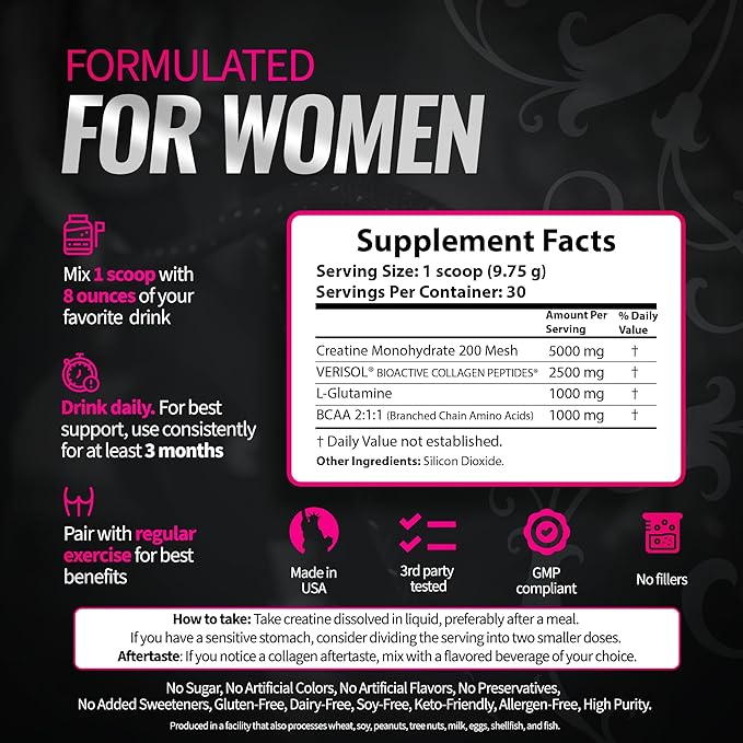 Creatine for Women – Supplement with Collagen & BCAA – Supports Muscle Development, Post-Workout Recovery, Skin Elasticity, Healthy Hair & Nail - (2 Pack x 30 Servings, Unflavored)