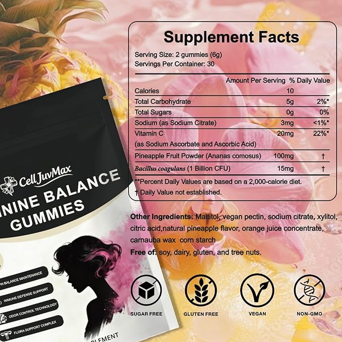 Feminine Balance Probiotic Gummies for Women - with Hawaiian Pineapple, pH Balance Support, Healthy Odor & Flora, Vaginal & Immune Health, Vegan Dietary Supplement - 60 Gummies (1)