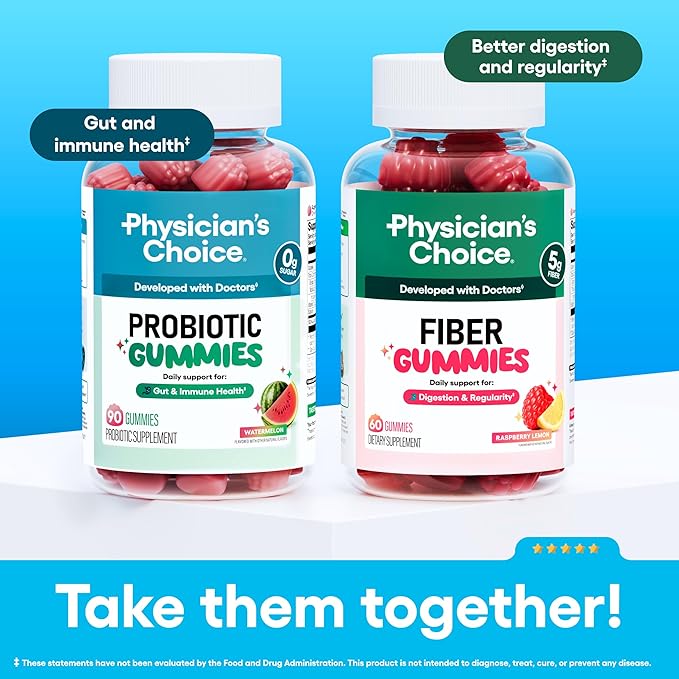 Physician’s Choice Probiotic Gummies with Vitamin D & Prebiotic Fiber - Sugar Free - 1B CFUs of Clinically Studied Probiotic - Supports Immune & Gut Health for Adults - Watermelon Flavor - 90CT 2-pack