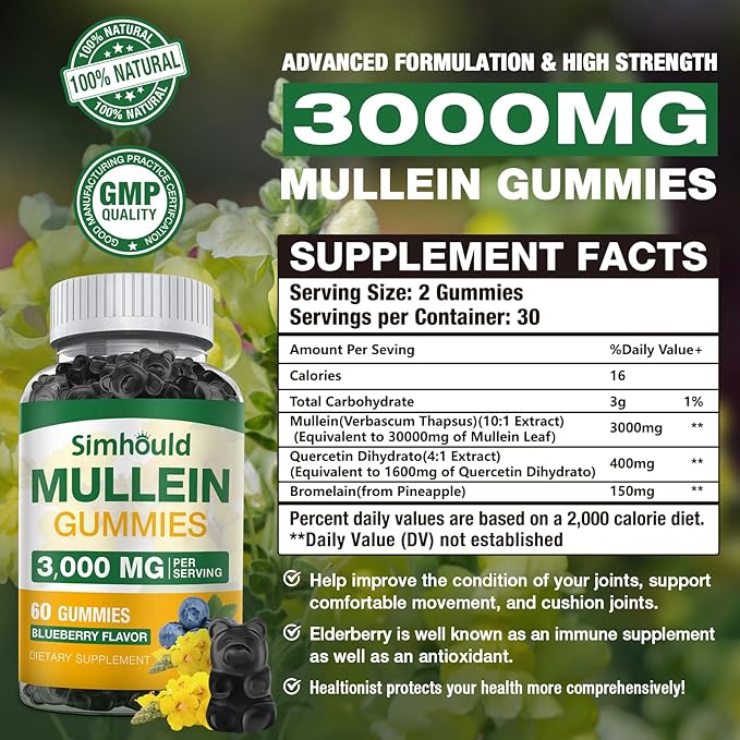 Simhould 2 Pack Sugar Free 3000MG Mullein Gummies - Lung Cleanse, Mullein Leaf Extract Supplement for Respiratory, Organic Mullein Drops with Quercetin & Bromelain for Lung, Digestive Health & Immune