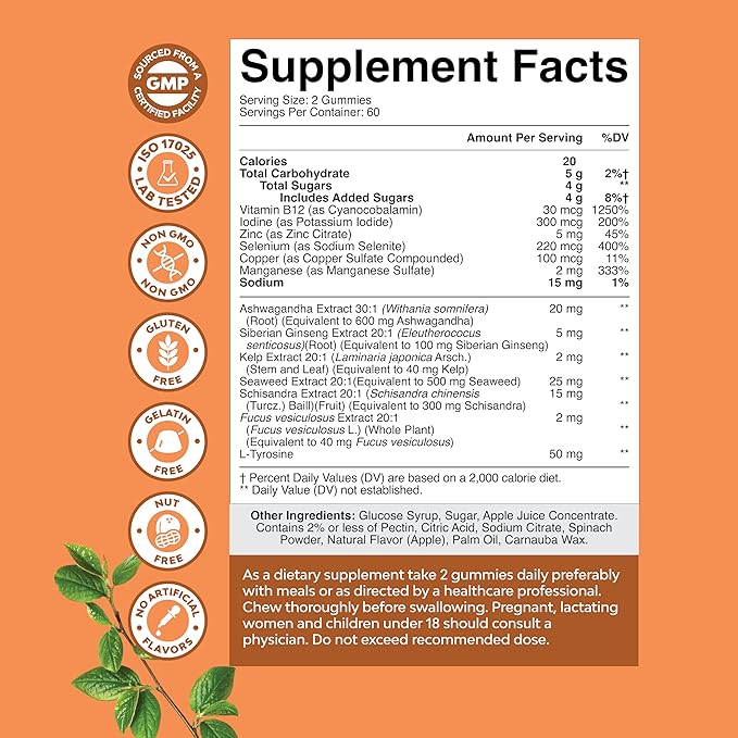 Vegan Thyroid Support Gummies with Sea Moss - Thyroid Support Gummies for Comprehensive Support for Men and Women with Iodine Selenium and Other Potent Vitamins - Gelatin-Free Non-GMO - 120 Count