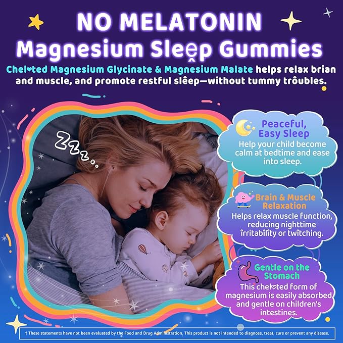 Kids Sleep Gummies, NO Melatonin Sleep Aid Gummies w/ Magnesium Glycinate, Magnesium Malate, L-Theanine, Lavender, B6, Zinc, D3K2 for Restful Sleep, Relax Brain & Muscle, Immune Support, Non-GMO 1Pack
