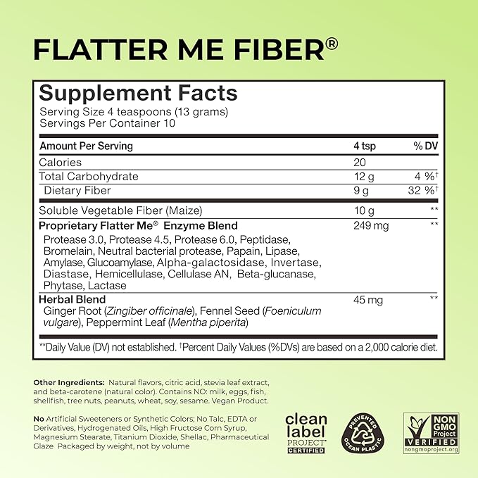 Flatter Me Fiber GLP-1 Booster – Fiber Supplement for Women & Men, Prebiotics & Enzymes for Weight Support, Reduce Bloating, Double GLP-1 Levels, Digestive & Gut Health (10 Servings)