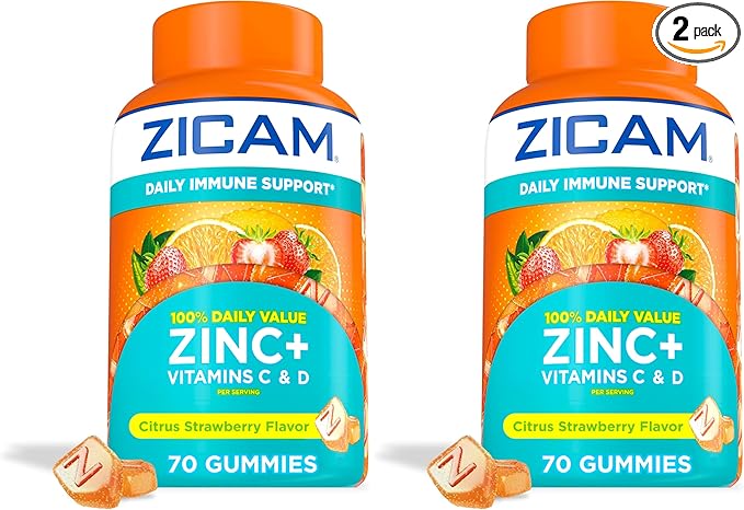 Zicam Daily Immune Support,Gummy Supplement,Zinc,Vitamin C and Vitamin D,Citrus Strawberry Flavor,70 Count (Pack of 2)