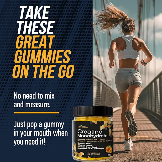 musebeam Creatine Monohydrate 5000mg Supplement Gummies - with L-Taurine Betaine Anhydrous Alpha-GPC BCAA 2:1:1 - Sugar-Free Gluten Free for Men Women