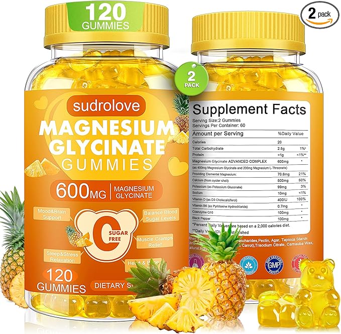 Magnesium Glycinate Gummies 600mg- Sugar Free Mg Potassium Supplement with Magnesium Glycinate, Vitamin D, B6 and CoQ10 for Calm Support & Sleep for Adults, 60 Days Supply ((Pack of 2), Pineapple)