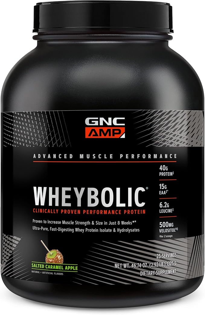 GNC AMP Wheybolic Protein Powder, Targeted Muscle Building and Workout Support Formula, Pure Whey Protein Powder Isolate with BCAA, Gluten Free, Salted Caramel Apple, 25 Servings