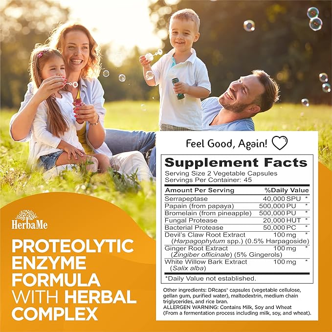 HerbaMe Proteolytic Enzymes Supplement with Serrapeptase - Devils Claw, 90 Capsules, Promotes Joints Relief, Muscle and Tissue Health with Lasting Mobility, Athletes Post Workout Recovery Support