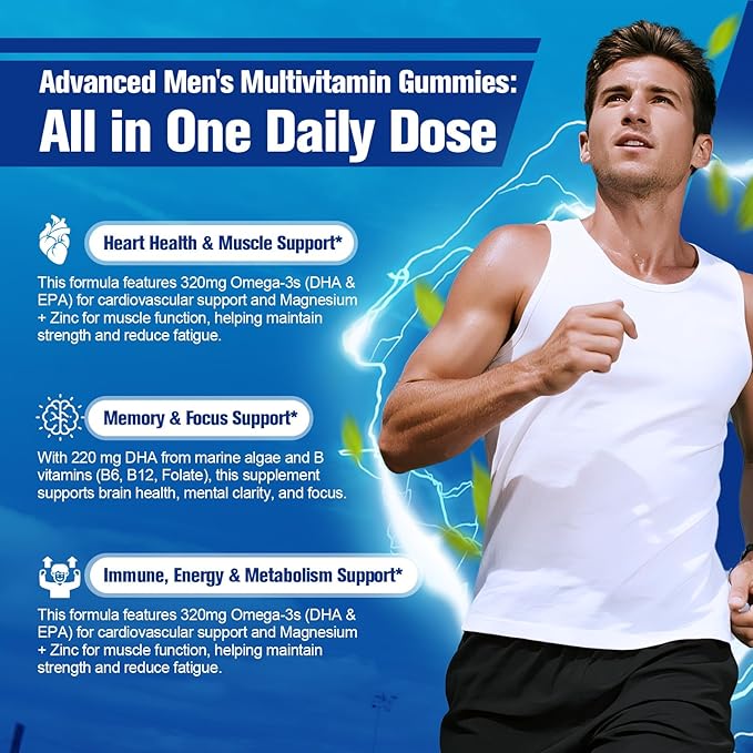 Migcopat Multivitamin for Men, Mens Multivitamins Gummies w/Omega-3, Probiotics, Inositol, Folate, Biotin, Zinc, Vitamins A, C, D, E, B, Support Heart, Brain, Muscle, Energy, Sugar-Free, Berry Flavor