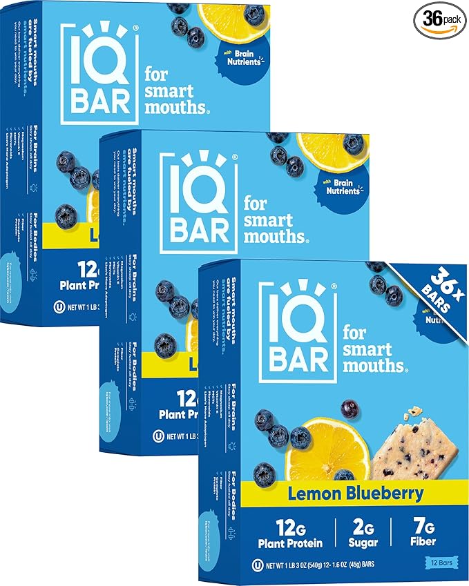 IQBAR Clean Plant Protein Bars - Lemon Blueberry - 36 Count - Keto, Vegan, High Fiber, Gluten and Dairy Free, Low Sugar Snack - Brain and Body Nutrients for Focus, Energy, Meal Replacement