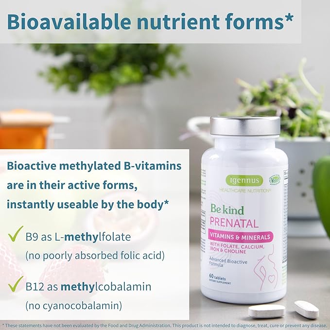 Igennus Methylated Prenatal Multivitamin for Women, Folate for MTHFR, High Absorption, Pure & Clean, Gentle Iron, Choline, Calcium & Magnesium, Vegan Pregnancy Vitamins, Halal, Non-GMO, 60 Tablets x 6