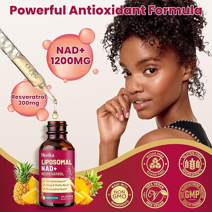 Liposomal NAD Supplement - 1200mg NAD+ Liquid Drops for Women & Men with Resveratrol, Black Pepper Extract - Support Anti-Aging, Brain & Cellular Mitochondrial Health - 2 Fl Oz, Pineapple Flavor