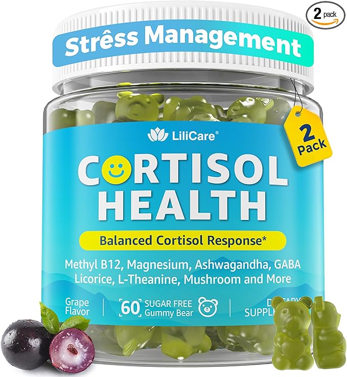 Cortisol Gummies for Women & Men, Sugar Free Cortisol Reducer Supplements w/ Magnesium, Ashwagandha, Mushroom, L-theanine, Rhodiola, Vitamin B6 B12 for Cortisol Detox, Relax, Sleep Support 2 Pack