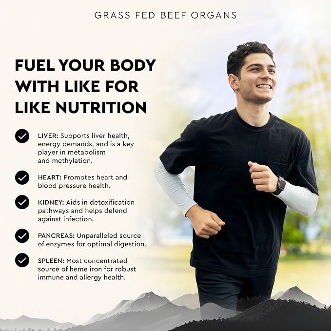 Ancestral Supplements Grass Fed Beef Organ Supplement, Supports Whole Body Wellness with Proprietary Blend of Liver, Heart, Kidney, Pancreas, Spleen, Freeze-Dried Beef, Non-GMO, 180 Capsules